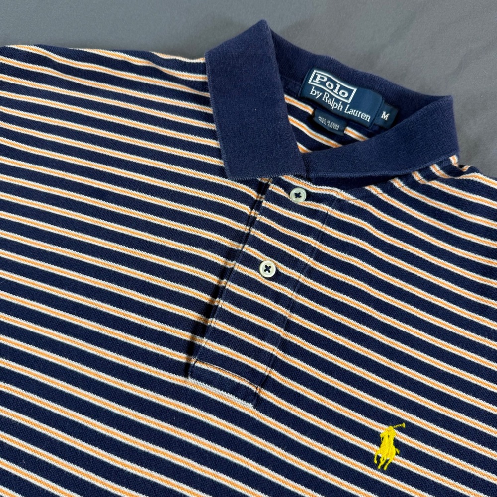 Polo Ralph Lauren Mens Navy Orange Striped Pique Polo Shirt Medium